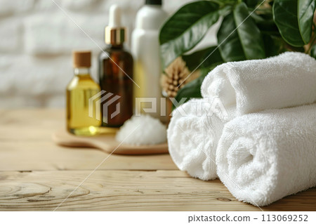 Spa treatment accessories, towels and oil bottles on wooden background Spa treatment accessories, towels and oil bottles on wooden background 113069252