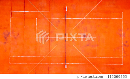 Aerial View of Orange Tennis Court with White Lines 113069263