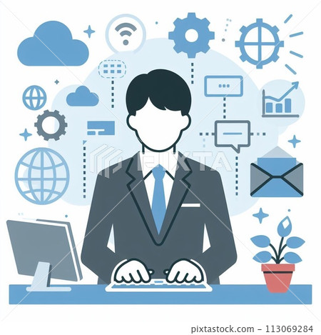 一個男人坐在辦公室的椅子上使用電腦 一個男人坐在辦公室的椅子上使用電腦 113069284