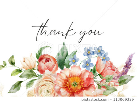 Watercolor floral card of ranunculus, peony, forget-me-not and leaves. Hand painted composition of elements isolated on white background. Holiday flowers Illustration for design, print background. 113069359