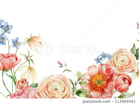 Watercolor floral card of peony, ranunculus, forget-me-not and leaves. Hand painted composition of elements isolated on white background. Holiday flowers Illustration for design, print background. 113069361
