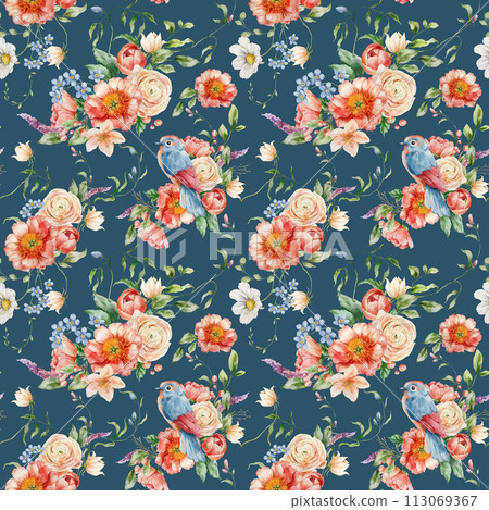 Watercolor floral seamless pattern of forget-me-not, ranunculi, peonies and song bird. Hand painted composition isolated on dark blue background. Flowers Illustration for interior design or print. Watercolor floral seamless pattern of forget-me-not, ranunculi, peonies and song bird. Hand painted composition isolated on dark blue background. Flowers Illustration for interior design or print. 113069367