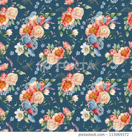Watercolor floral seamless pattern of forget-me-not, peonies, ranunculi and song bird. Hand painted composition isolated on dark blue background. Flowers Illustration for interior design or print. Watercolor floral seamless pattern of forget-me-not, peonies, ranunculi and song bird. Hand painted composition isolated on dark blue background. Flowers Illustration for interior design or print. 113069372