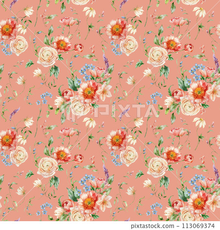 Watercolor coral seamless pattern of peony, ranunculus and leaves. Hand painted floral composition isolated on pink background. Flower illustration for interior design, print, fabric and background. Watercolor coral seamless pattern of peony, ranunculus and leaves. Hand painted floral composition isolated on pink background. Flower illustration for interior design, print, fabric and background. 113069374