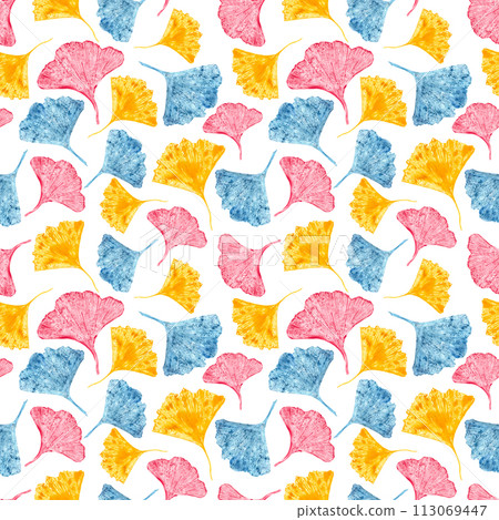 Pink, yellow, blue gingko leaf. Geometric imprint. Seamless pattern with biloba leaves. Ornate isolated on white background. Ginkgo, palm, dry abstract fan leaves. Watercolor illustration Pink, yellow, blue gingko leaf. Geometric imprint. Seamless pattern with biloba leaves. Ornate isolated on white background. Ginkgo, palm, dry abstract fan leaves. Watercolor illustration 113069447