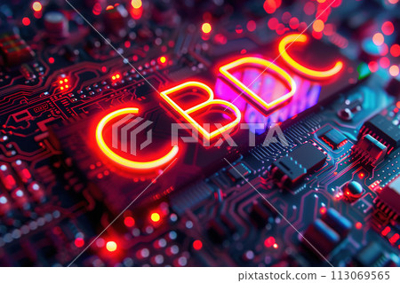 Illuminated CBDC Letters on High-Tech Digital Circuit Board - The Future of Currency Background 113069565