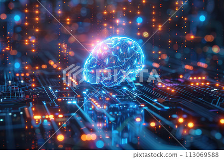 Futuristic Artificial Intelligence Concept with Connected Neural Network and Glowing Brain 113069588