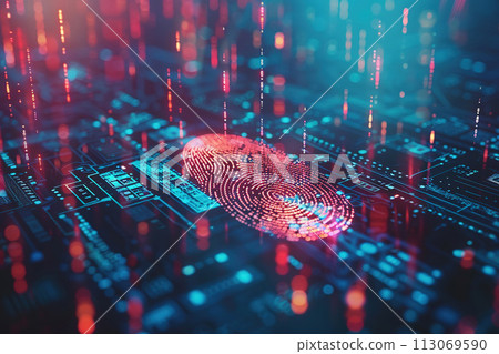 Fingerprint on a Circuit Board Background. Digital Security Concept Fingerprint on a Circuit Board Background. Digital Security Concept 113069590