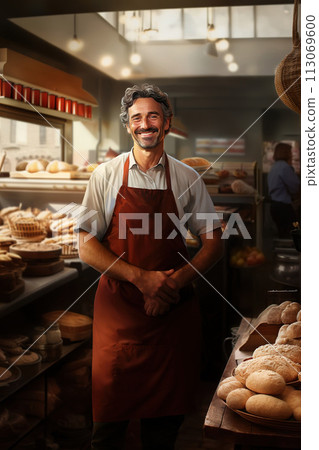 Confident Baker Standing in Artisan Bakery Full of Fresh Bread 113069600