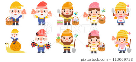 Garden Gnome and Woman cartoon, Gardening and Spring, Garden tools and decor collection 113069738