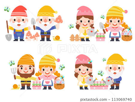 Garden Gnome and Woman cartoon, Gardening and Spring, Garden tools and decor collection 113069740