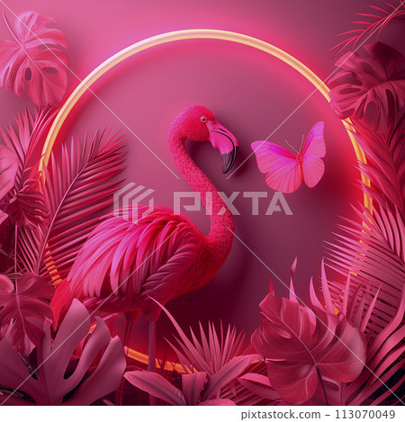 Layout of tropical leaves with flamingos in neon pink light. Creative fluorescent color composition 113070049