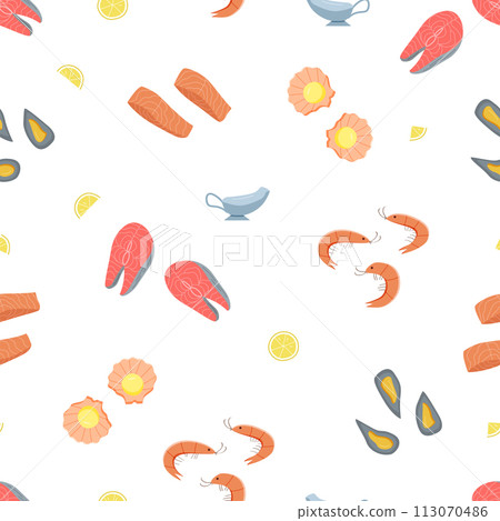 Seamless pattern Seafood icons elements. Vector illustration of sea delicacies and sea cuisine. Seamless pattern Seafood icons elements. Vector illustration of sea delicacies and sea cuisine. 113070486