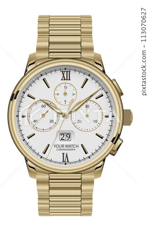 Realistic clock chronograph watch for men gold grey face black number on white background luxury vector 113070627
