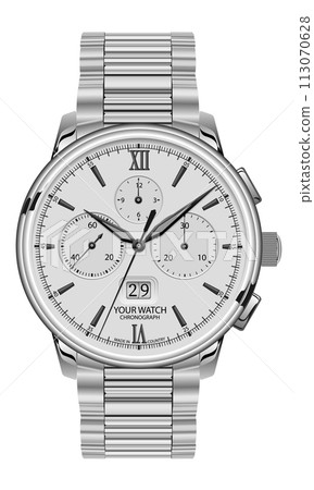 Realistic clock chronograph watch for men silver grey face black arrow on white background luxury vector illustration. 113070628