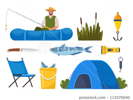 Equipment and tools for fishing. Fishing rod, float, inflatable rubber boat, landing net, fishers clothes, hook, fish, hat, flashlight, boots. Outdoor activity, recreation, hobby. Vector illustration. Equipment and tools for fishing. Fishing rod, float, inflatable rubber boat, landing net, fishers clothes, hook, fish, hat, flashlight, boots. Outdoor activity, recreation, hobby. Vector illustration. 113070690