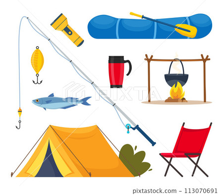 Equipment and tools for fishing. Fishing rod, float, inflatable rubber boat, landing net, fishers clothes, hook, fish, hat, flashlight, boots. Outdoor activity, recreation, hobby. Vector illustration. 113070691