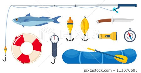 Equipment and tools for fishing. Fishing rod, float, inflatable rubber boat, landing net, fishers clothes, hook, fish, hat, flashlight, boots. Outdoor activity, recreation, hobby. Vector illustration. Equipment and tools for fishing. Fishing rod, float, inflatable rubber boat, landing net, fishers clothes, hook, fish, hat, flashlight, boots. Outdoor activity, recreation, hobby. Vector illustration. 113070693