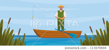 Man fishing. Fisherman at lake or river. Man in vest and hat. Guy waiting for catch a fish. Outdoor recreation, leisure time. Vector illustration. Man fishing. Fisherman at lake or river. Man in vest and hat. Guy waiting for catch a fish. Outdoor recreation, leisure time. Vector illustration. 113070694