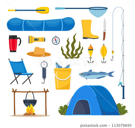 Equipment and tools for fishing. Fishing rod, float, inflatable rubber boat, landing net, fishers clothes, hook, fish, hat, flashlight, boots. Outdoor activity, recreation, hobby. Vector illustration. Equipment and tools for fishing. Fishing rod, float, inflatable rubber boat, landing net, fishers clothes, hook, fish, hat, flashlight, boots. Outdoor activity, recreation, hobby. Vector illustration. 113070695