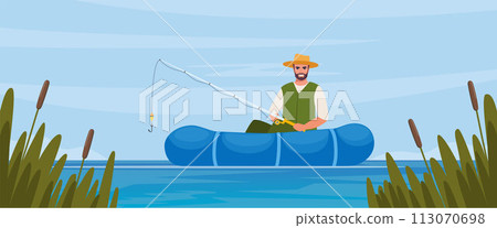 Man fishing. Fisherman at lake or river. Man in vest and hat. Guy waiting for catch a fish. Outdoor recreation, leisure time. Vector illustration. Man fishing. Fisherman at lake or river. Man in vest and hat. Guy waiting for catch a fish. Outdoor recreation, leisure time. Vector illustration. 113070698