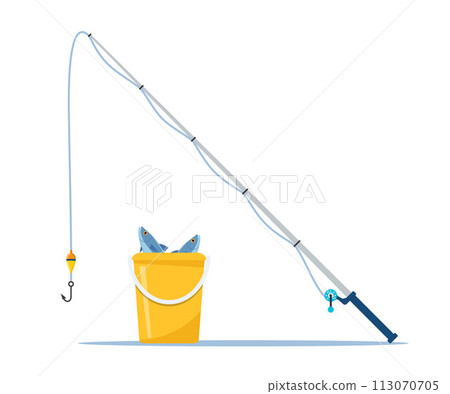 Fishing rod with fishing line, reel, hook and float. Bucket of fish. Fishing equipment. Tool for recreational sports. Vector illustration. 113070705