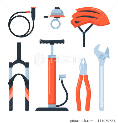 Bicycle equipment and parts, set of icons, symbols and design elements. Sport bike repair components. Vector illustration. 113070723