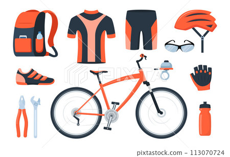 Bicycle set. Bike equipment. Cyclist gear, sportswear for biker, track accessories for extreme sport training isolated on white. Vector illustration. Bicycle set. Bike equipment. Cyclist gear, sportswear for biker, track accessories for extreme sport training isolated on white. Vector illustration. 113070724