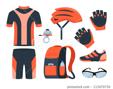 Bicycle set. Bike equipment. Cyclist gear, sportswear for biker, track accessories for extreme sport training isolated on white. Vector illustration. Bicycle set. Bike equipment. Cyclist gear, sportswear for biker, track accessories for extreme sport training isolated on white. Vector illustration. 113070730