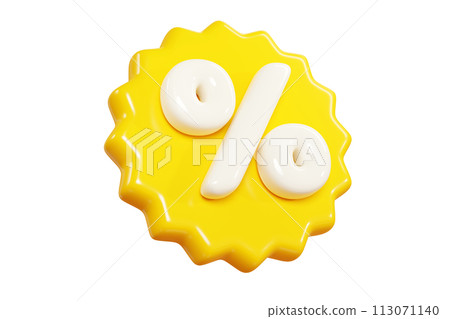 Yellow starburst sticker with percent sign floating in air. 3D render illustration of round sunburst label with sale and discount sign for promotion. Flying in different angles badge icon. 113071140