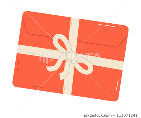 Red gift with white bow. Present tied with white wrapping ribbon. Flat vector isolated illustration 113071241