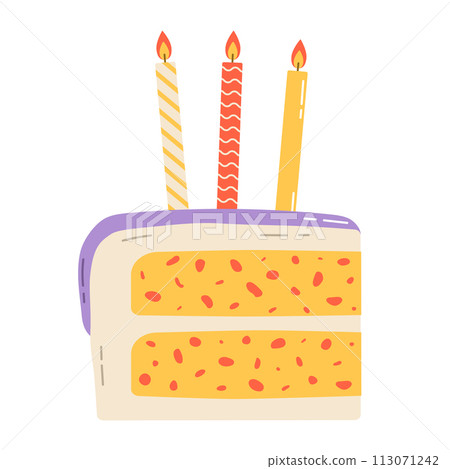 Piece of birthday cake with candles. Flat vector isolated illustration 113071242