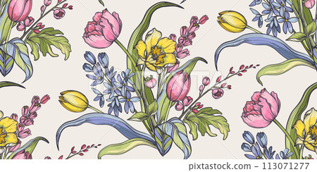 Vector seamless pattern with bouquets of spring flowers, leaves and branches. Endless floral background 113071277