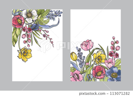 Set of vector compositions of spring flowers, leaves and branches. Different flowers, tulips, anemones and other plants in beautiful floral frames. Set of vector compositions of spring flowers, leaves and branches. Different flowers, tulips, anemones and other plants in beautiful floral frames. 113071282