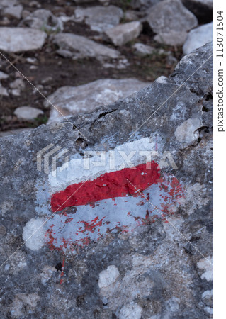 Marking of a long-distance hiking route, white and red, Itineraries in France, Marking on rock 113071504