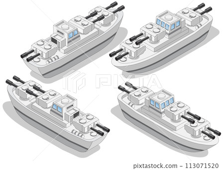 A set of warships. Isometric. Isolated on white background. Vector illustration. A set of warships. Isometric. Isolated on white background. Vector illustration. 113071520