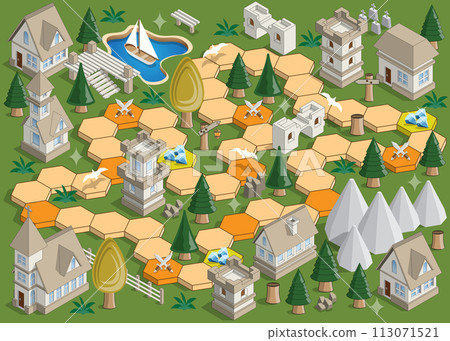Board game on a medieval theme. Isometric. Vector illustration. Board game on a medieval theme. Isometric. Vector illustration. 113071521