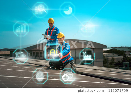 Engineers install solae cell on the roof of factory Engineers install solae cell on the roof of factory 113071709