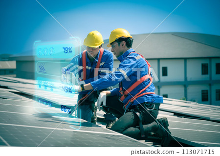 Engineers install solae cell on the roof of factory Engineers install solae cell on the roof of factory 113071715