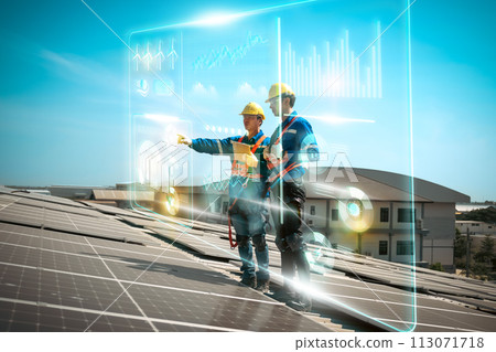 Engineers install solae cell on the roof of factory Engineers install solae cell on the roof of factory 113071718