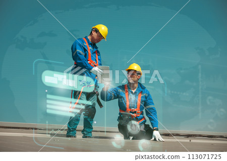 Engineers install solae cell on the roof of factory Engineers install solae cell on the roof of factory 113071725