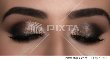 Exquisite close up of a womans eyes adorned with dramatic smokey makeup Exquisite close up of a womans eyes adorned with dramatic smokey makeup 113071915