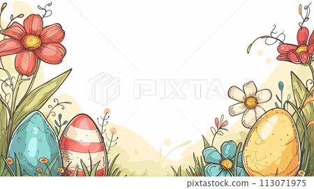 drawing Easter card colorful flowers and Easter eggs on white background with copy space 113071975