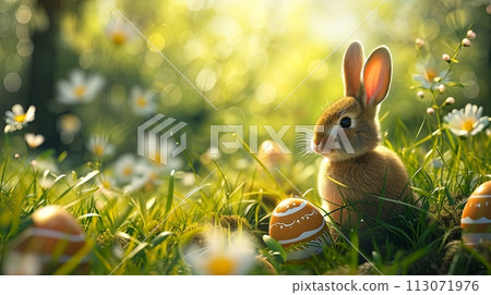 Easter card with colorful eggs, bunny and flowers, nature magic background, Easter greeting card 113071976