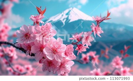 A pink cherry blossom tree with Mount Fuji in the background, a springtime landscape of Japan 113071993