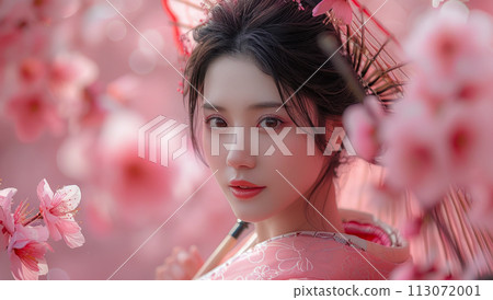 A woman in a red kimono stands under cherry blossom trees A woman in a red kimono stands under cherry blossom trees 113072001