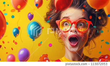 funny girl in red glasses among colorful balloons, April Fools Funny Banner 113072053