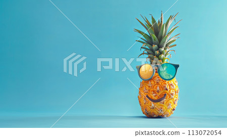 cheerful pineapple in multi-colored glasses on blue sunny background with copy space 113072054