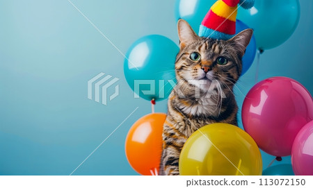 cat in funny hat among colorful balloons on blue background with copy space, April Fools Funny Banner 113072150