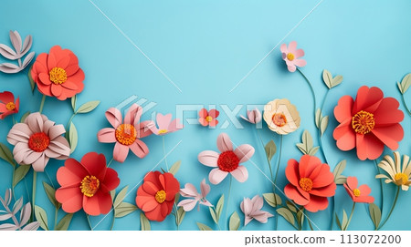 red Paper flowers on blue background with copy space. Abstract natural floral layout. Wedding invitation. International Women day, Mother Day concept red Paper flowers on blue background with copy space. Abstract natural floral layout. Wedding invitation. International Women day, Mother Day concept 113072200